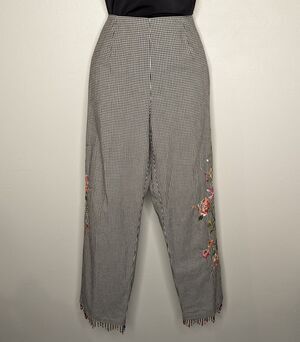 ALLISON TAYLOR Stretch SZ 6 Black & White Checked EMBROIDERED FLORAL Ankle PANTS